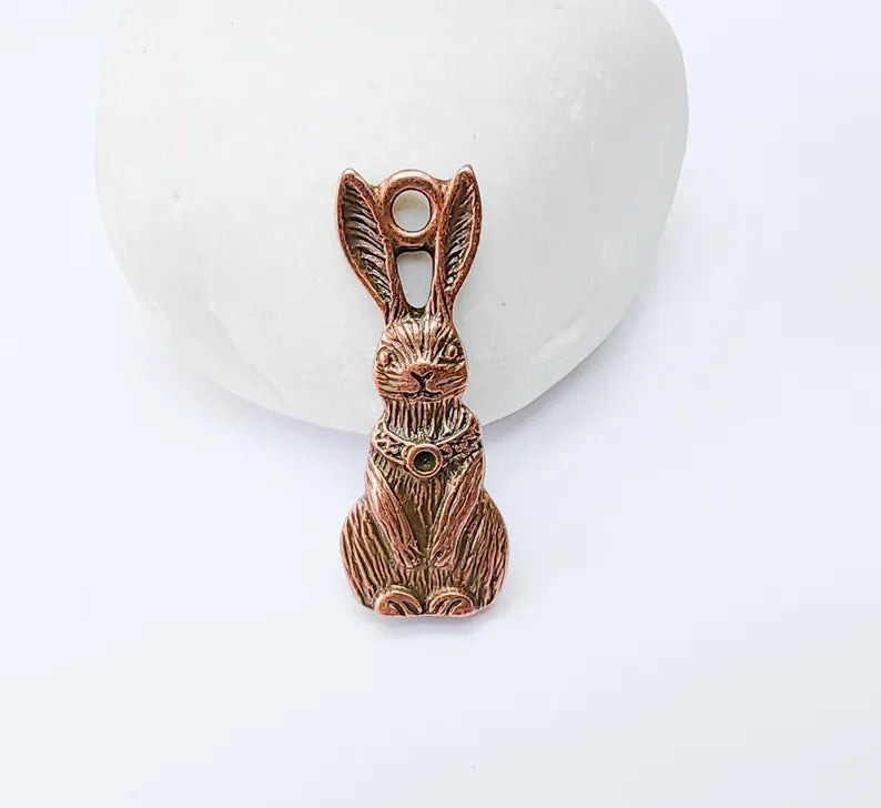 2 Rabbit Charm, Woodland Bunny Pendant, Earring Charms, Animal Jewelry Findings, Boho DIY Charm, Antique Copper Plated Zamac 33x13mm G37003