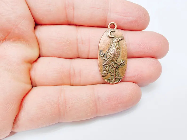 Raven Charm Charm, Gothic Boho Pendant, Bird and Moon Earring Charm, Oval Celestial Mystical Necklace, Antique Copper Plated 35x17mm G37004