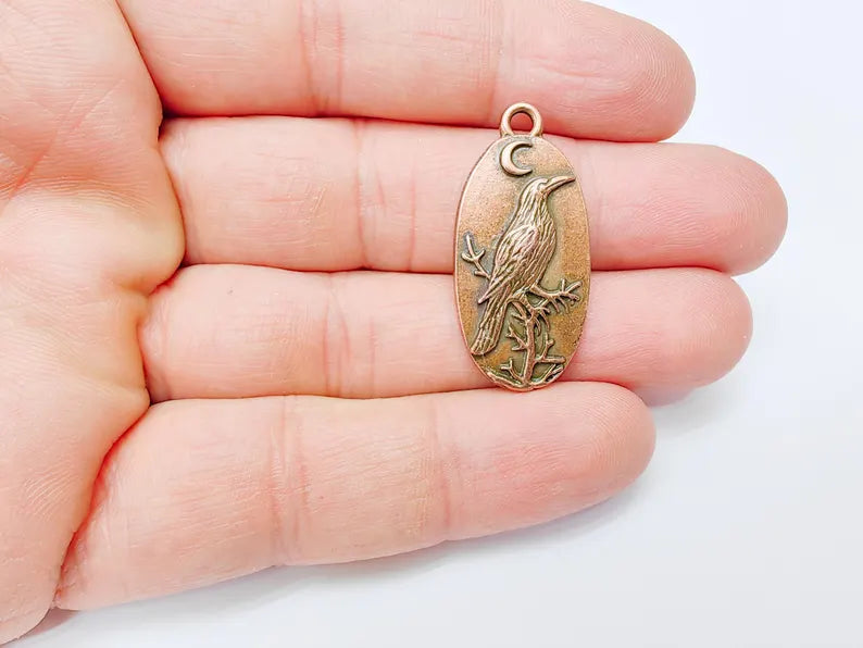 Raven Charm Charm, Gothic Boho Pendant, Bird and Moon Earring Charm, Oval Celestial Mystical Necklace, Antique Copper Plated 35x17mm G37004