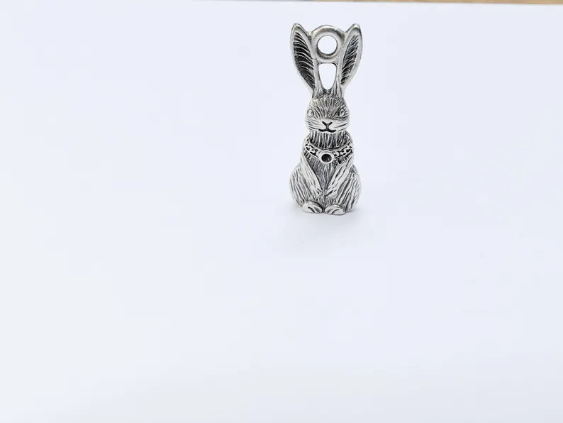 2 Rabbit Charm, Woodland Bunny Pendant, Earring Charms, Animal Jewelry Findings, Boho DIY Charm, Antique Silver Plated Zamac 33x13mm G37017