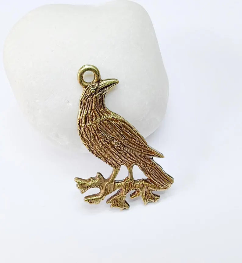 Raven Charm Pendant, Gothic Boho Charm, Nature Earring Charm, Mystical Bird, Necklace Parts, Antique Bronze Plated 39x25mm G37018
