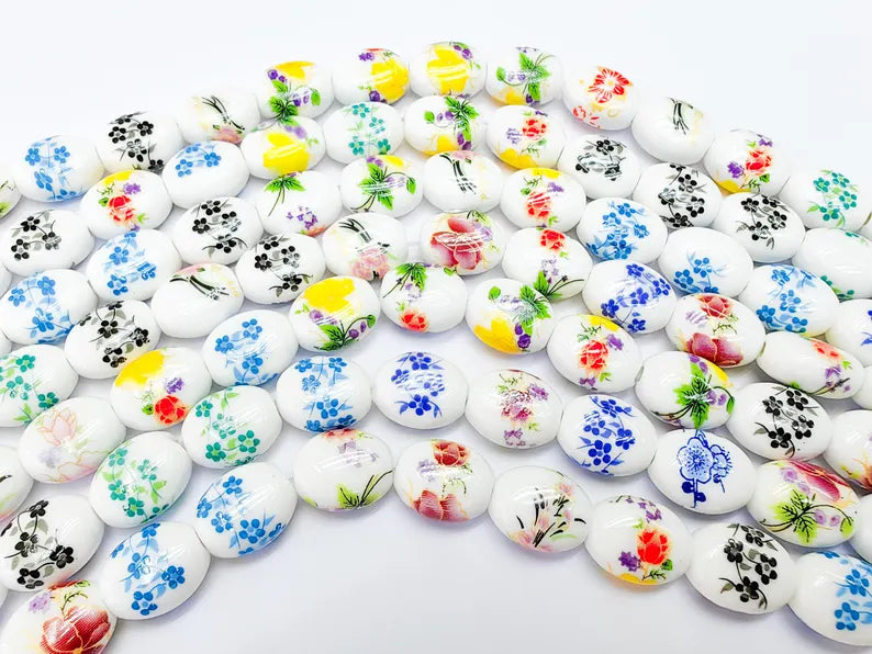 22 Floral Oval Porcelain Ceramic Bead Strand, 22 Pcs Full Strand, White Beads with Colorful Flower Print, 14x11mm Glossy Jewelry Bead G37021