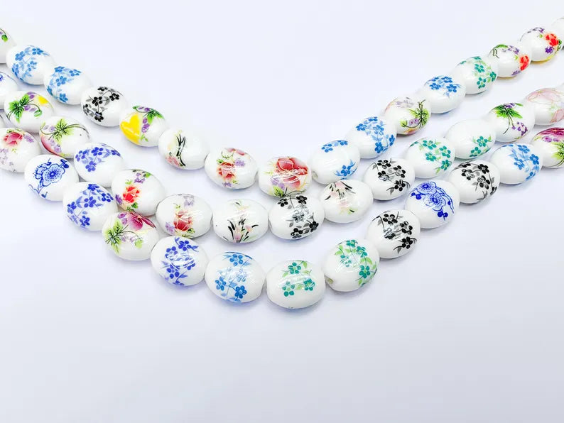 22 Floral Oval Porcelain Ceramic Bead Strand, 22 Pcs Full Strand, White Beads with Colorful Flower Print, 14x11mm Glossy Jewelry Bead G37021