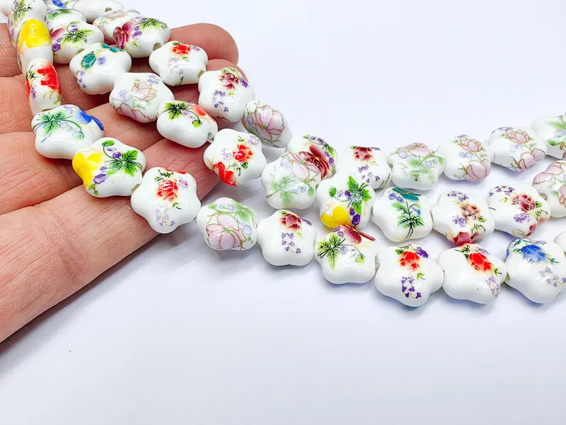 25 Floral Flower Porcelain Ceramic Bead Strand, 25 Pcs Full Strand, White Beads with Colorful Flower Print, 14x13mm Glossy Jewelry G37023