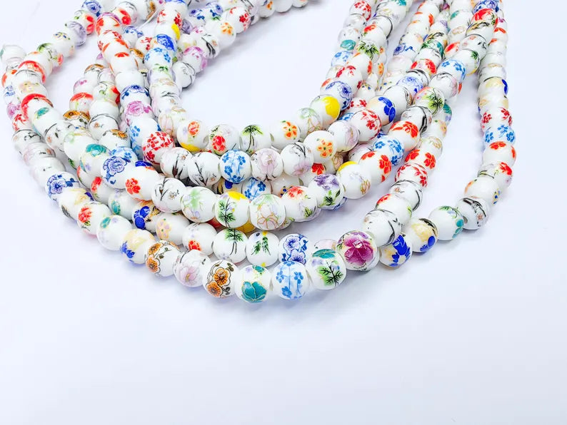 40 Floral Round Porcelain Ceramic Bead Strand, 40 Pcs Full Strand, White Beads with Colorful Flower Print, 11x6mm Glossy Jewelry Bead G37031