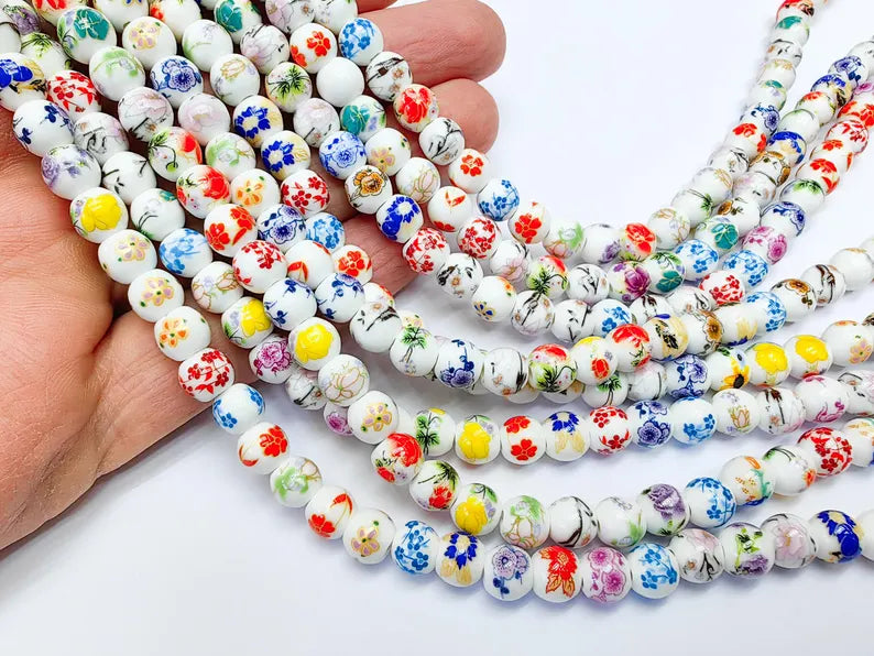 40 Floral Round Porcelain Ceramic Bead Strand, 40 Pcs Full Strand, White Beads with Colorful Flower Print, 11x6mm Glossy Jewelry Bead G37031