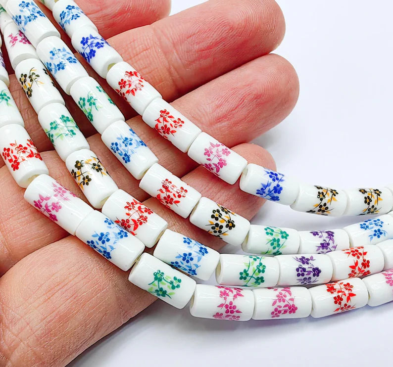 30 Floral Cylinder Porcelain Ceramic Bead Strand, 30 Pcs Full Strand, White Beads with Colorful Flower Print, 11x6mm Glossy Bead G37026