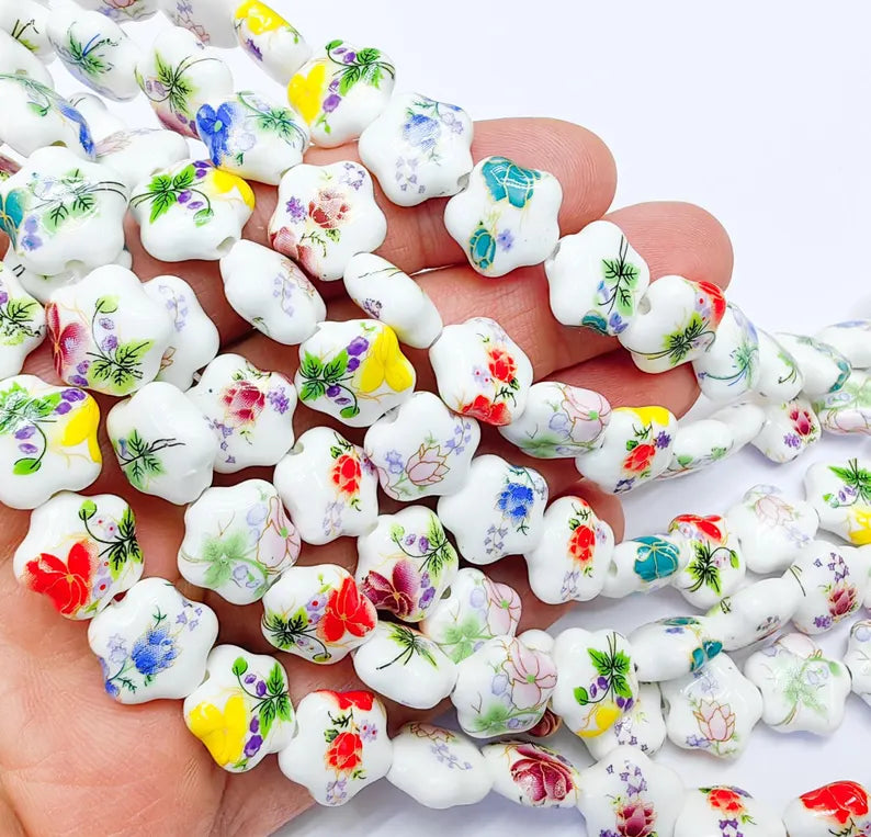 25 Floral Flower Porcelain Ceramic Bead Strand, 25 Pcs Full Strand, White Beads with Colorful Flower Print, 14x13mm Glossy Jewelry G37023