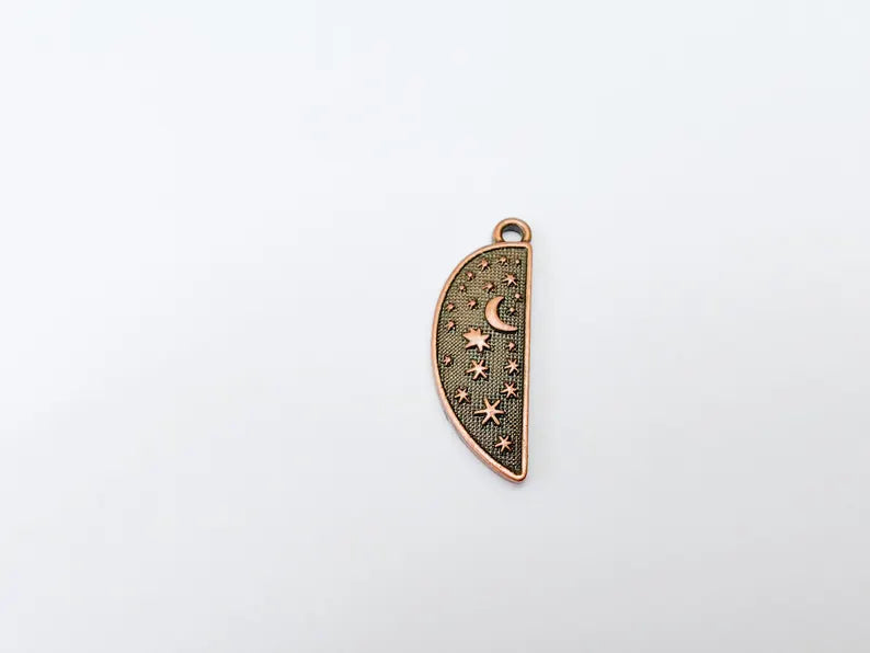 Celestial Moon and Star Charms, Cosmic Pendant, Half Moon Earring Charms, Night Sky Boho Charms, Antique Copper Plated Zamac 35x12mm G37032