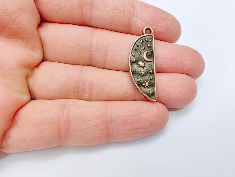 Celestial Moon and Star Charms, Cosmic Pendant, Half Moon Earring Charms, Night Sky Boho Charms, Antique Copper Plated Zamac 35x12mm G37032