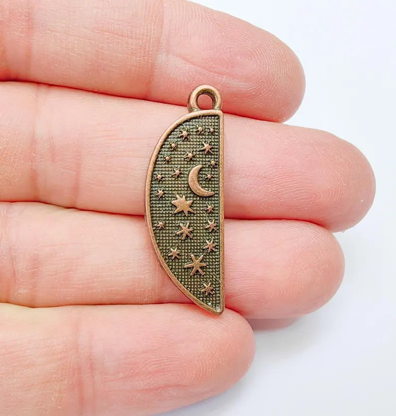 Celestial Moon and Star Charms, Cosmic Pendant, Half Moon Earring Charms, Night Sky Boho Charms, Antique Copper Plated Zamac 35x12mm G37032