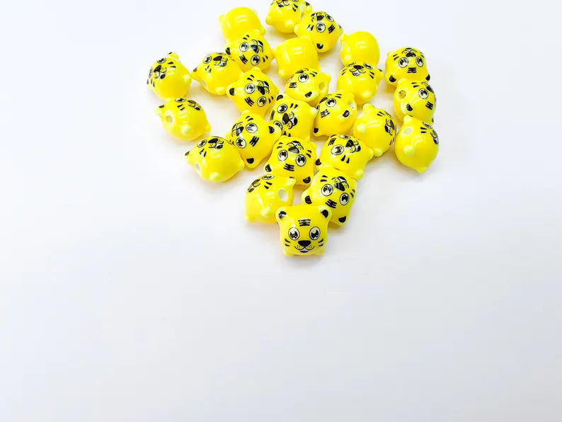 Porcelain Tiger Beads, Yellow Ceramic Animal Beads, Cute Cartoon Face, Round Hole, DIY Jewelry Making, Kids Craft Supplies, 11x11mm G37034