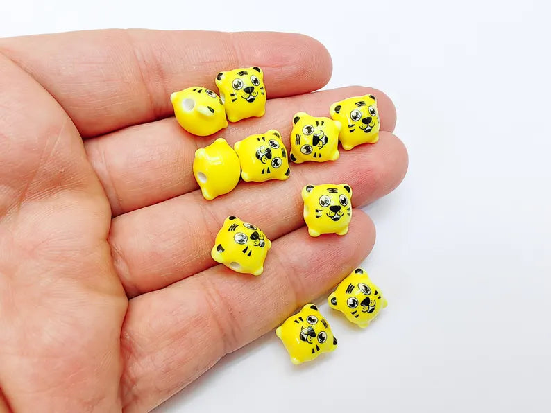 Porcelain Tiger Beads, Yellow Ceramic Animal Beads, Cute Cartoon Face, Round Hole, DIY Jewelry Making, Kids Craft Supplies, 11x11mm G37034