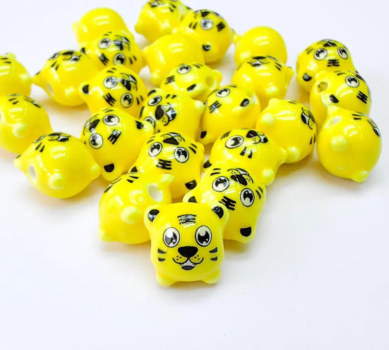 Porcelain Tiger Beads, Yellow Ceramic Animal Beads, Cute Cartoon Face, Round Hole, DIY Jewelry Making, Kids Craft Supplies, 11x11mm G37034