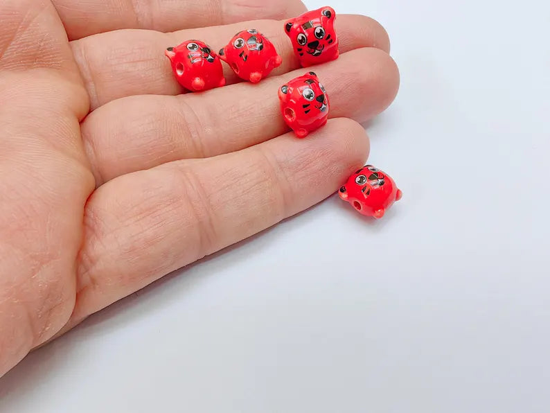 Porcelain Tiger Beads, Red Ceramic Animal Beads, Cute Cartoon Face, Round Hole, DIY Jewelry Making, Kids Craft Supplies, 11x11mm G37036