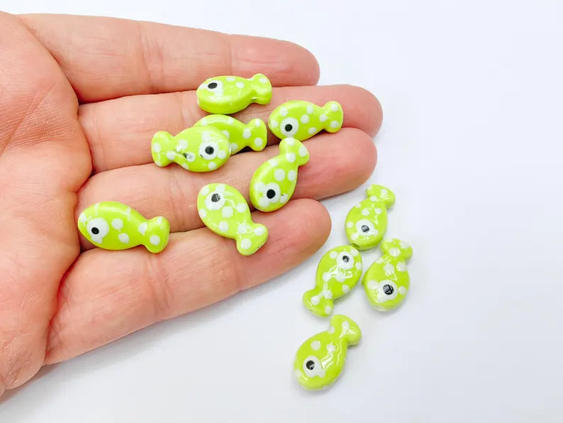4 Porcelain Fish Beads, Green with White Dots, Ceramic Animal Beads, Flat Back, Cute Fish Charms, Jewelry Making Supplies 19x10mm G37037