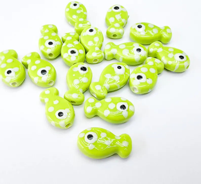 4 Porcelain Fish Beads, Green with White Dots, Ceramic Animal Beads, Flat Back, Cute Fish Charms, Jewelry Making Supplies 19x10mm G37037
