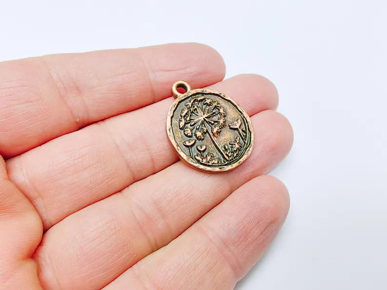 Vintage Dandelion Round Charms, Boho Tribal Statement Charm, Ethnic Boho Dangle Earring, Antique Copper Plated Zamac 29x23mm G37038
