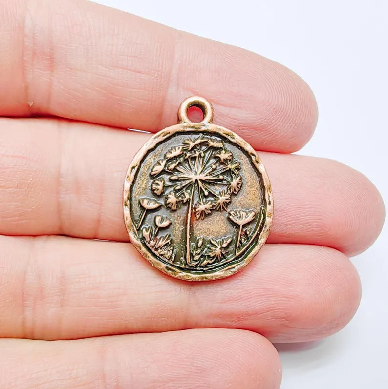 Vintage Dandelion Round Charms, Boho Tribal Statement Charm, Ethnic Boho Dangle Earring, Antique Copper Plated Zamac 29x23mm G37038