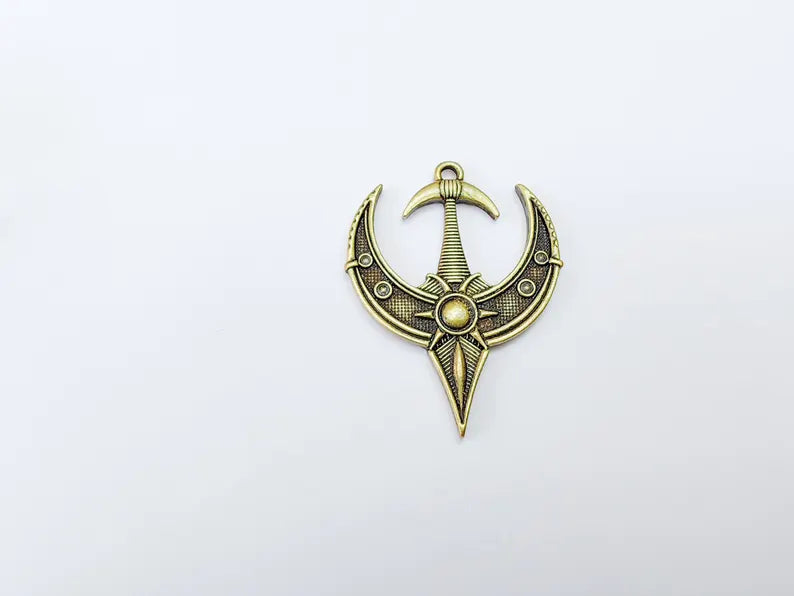 Mystical Bohemian Pendant, Mythology Crescent Charm, Tuareg Charm, Earring Charm, Gothic Pendant, Antique Bronze Plated Zamac 50x38mm G37040