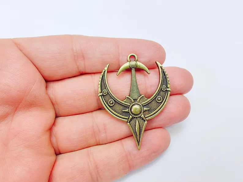 Mystical Bohemian Pendant, Mythology Crescent Charm, Tuareg Charm, Earring Charm, Gothic Pendant, Antique Bronze Plated Zamac 50x38mm G37040