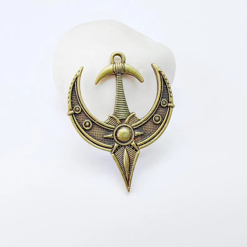 Mystical Bohemian Pendant, Mythology Crescent Charm, Tuareg Charm, Earring Charm, Gothic Pendant, Antique Bronze Plated Zamac 50x38mm G37040