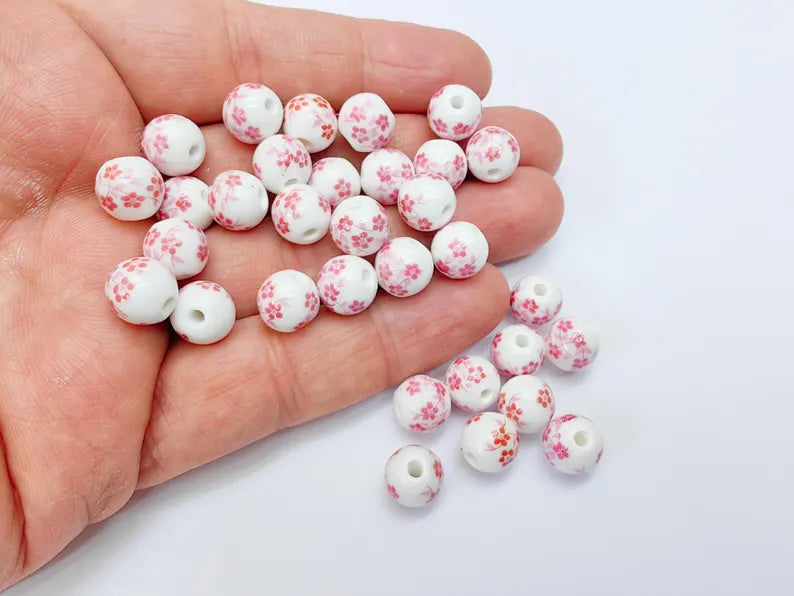 10 Round Flower Porcelain Beads, White and Pink Ceramic Beads with Floral Print, Glossy Surface, Romantic Style, DIY Jewelry Making 10mm G37041