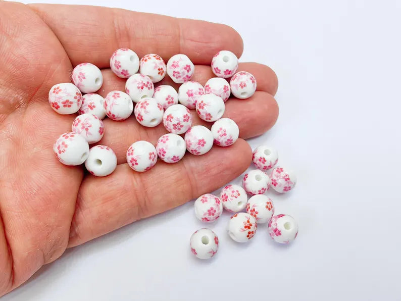 10 Round Flower Porcelain Beads, White and Pink Ceramic Beads with Floral Print, Glossy Surface, Romantic Style, DIY Jewelry Making 10mm G37041