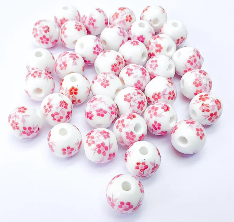 10 Round Flower Porcelain Beads, White and Pink Ceramic Beads with Floral Print, Glossy Surface, Romantic Style, DIY Jewelry Making 10mm G37041