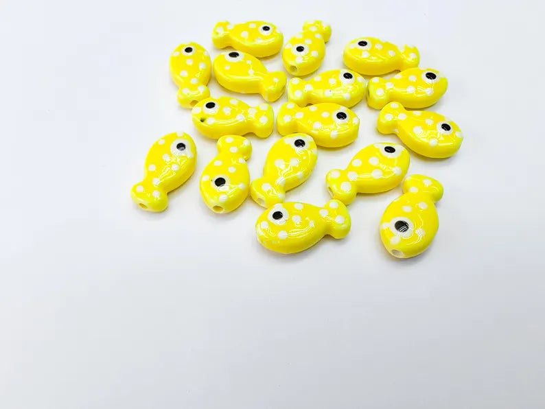 4 Porcelain Fish Beads, Yellow with White Dots, Ceramic Animal Beads, Flat Back, Cute Fish Charms, Jewelry Making Supplies 19x10mm G37042