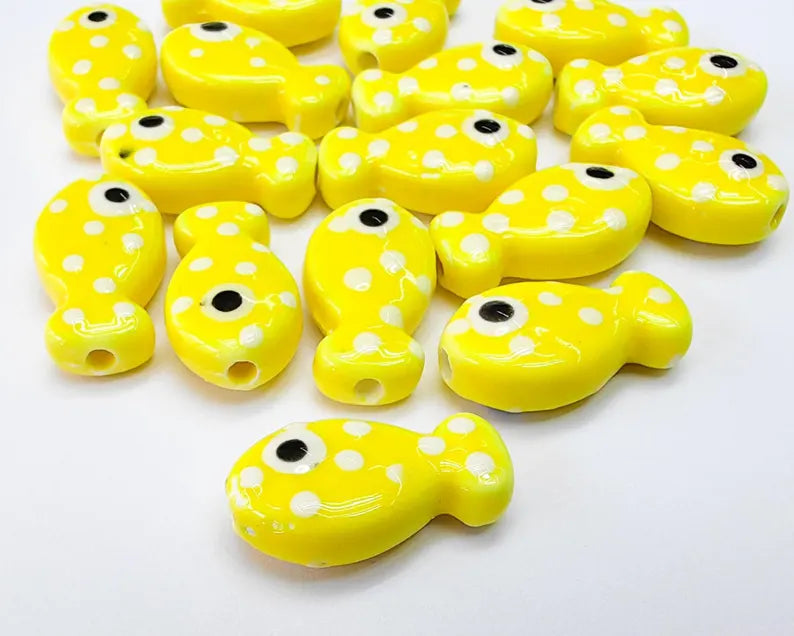 4 Porcelain Fish Beads, Yellow with White Dots, Ceramic Animal Beads, Flat Back, Cute Fish Charms, Jewelry Making Supplies 19x10mm G37042