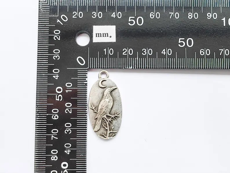 Raven Charm Charm, Gothic Boho Pendant, Bird and Moon Earring Charm, Oval Celestial Mystical Necklace, Antique Silver Plated 35x17mm G37006