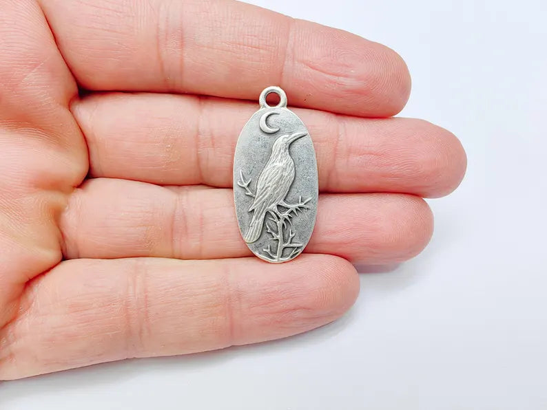 Raven Charm Charm, Gothic Boho Pendant, Bird and Moon Earring Charm, Oval Celestial Mystical Necklace, Antique Silver Plated 35x17mm G37006