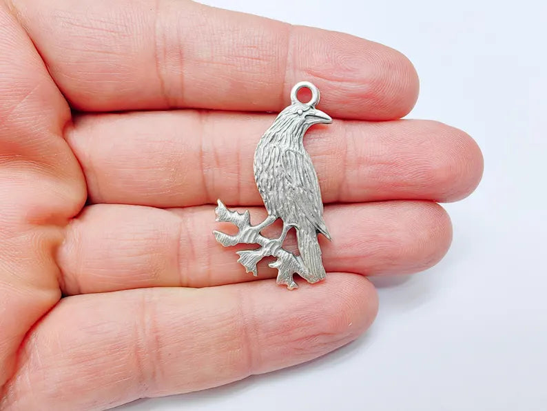 Raven Charm Pendant, Gothic Boho Charm, Nature Earring Charm, Mystical Bird, Necklace Parts, Antique Silver Plated 39x25mm G37008