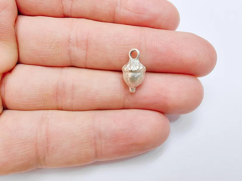 2 Acorn Charms, Small Woodland Nature Pendants for DIY Jewelry Making, Rustic Fall Beads, Nut Charms Antique Silver Plated Zamac 16x8mm G37009