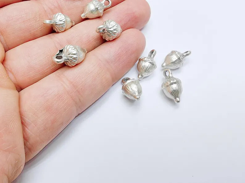 2 Acorn Charms, Small Woodland Nature Pendants for DIY Jewelry Making, Rustic Fall Beads, Nut Charms Antique Silver Plated Zamac 16x8mm G37009