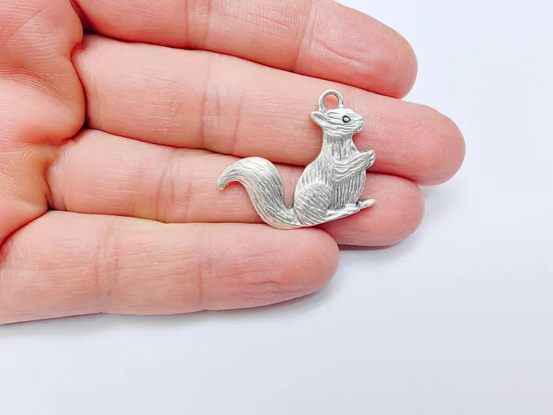 Squirrel Charm, Woodland Animal Pendant, Nature-Inspired Jewelry Making Supply, Cute Handmade Craft, Antique Silver Plated 32x24mm G37010