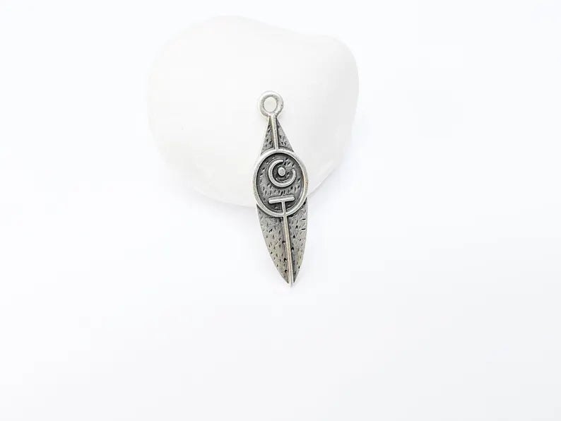 Tribal Moon Crescent Charm, Bohemian Celestial Pendant, Ethnic Jewelry Supplies, Handmade Lunar, Antique Silver Plated 40x11mm G37011