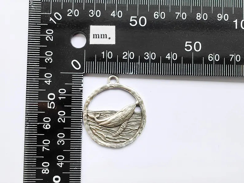 Whale Pendant, Ocean Wave Charm, Nautical Jewelry Findings, Marine Animal Jewelry Supply, Sea Pendant, Antique Silver Plated 33x29mm G37012
