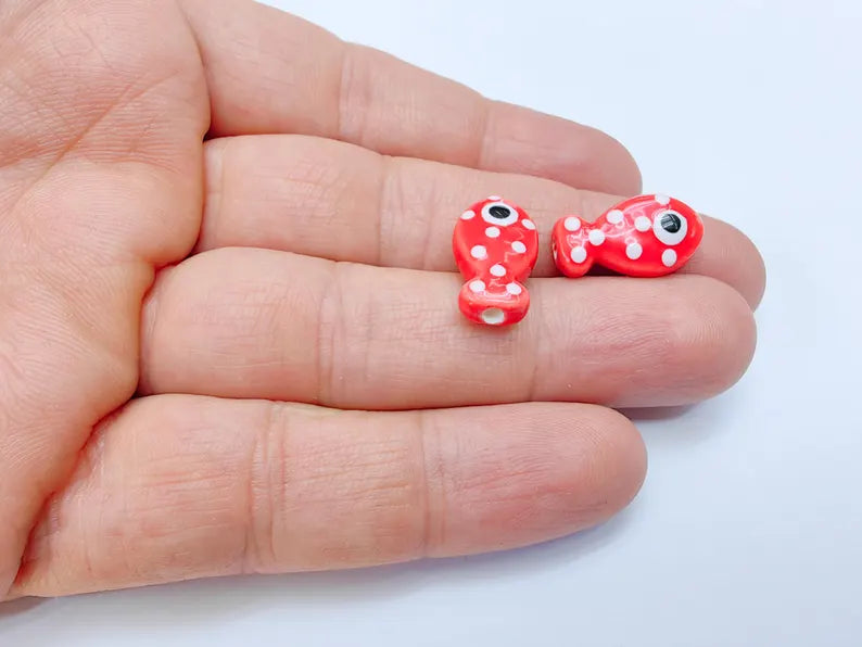 4 Porcelain Fish Beads, Red with White Dots, Ceramic Animal Beads, Flat Back, Cute Fish Charms, Jewelry Making Supplies 19x10mm G37052