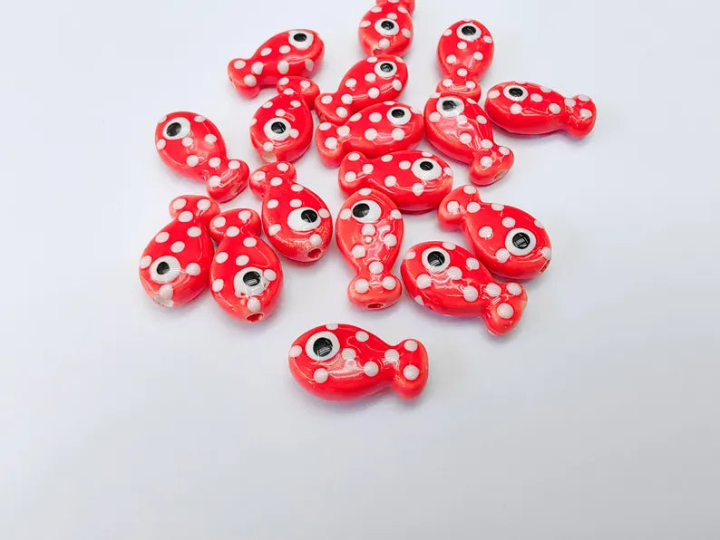 4 Porcelain Fish Beads, Red with White Dots, Ceramic Animal Beads, Flat Back, Cute Fish Charms, Jewelry Making Supplies 19x10mm G37052
