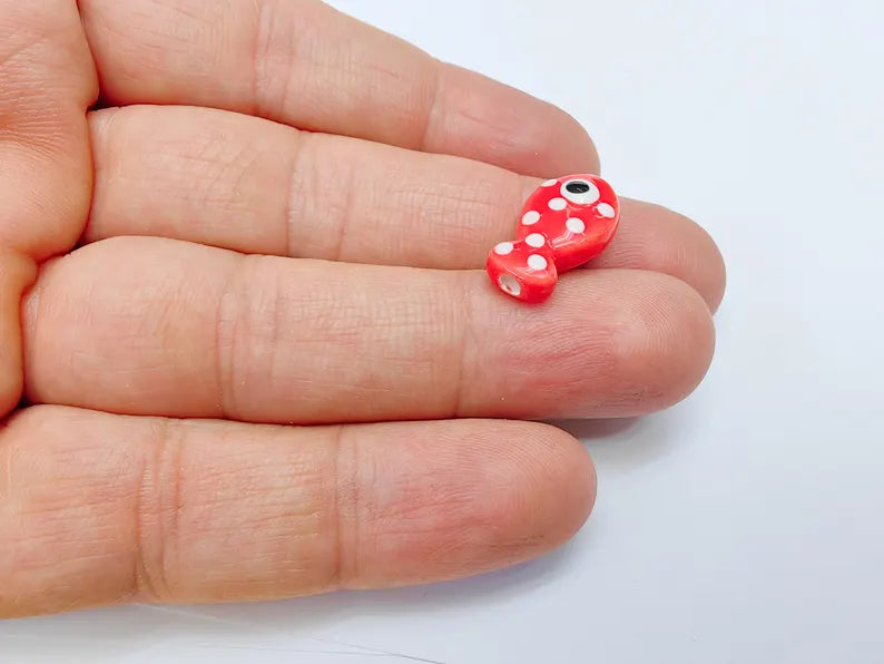 4 Porcelain Fish Beads, Red with White Dots, Ceramic Animal Beads, Flat Back, Cute Fish Charms, Jewelry Making Supplies 19x10mm G37052