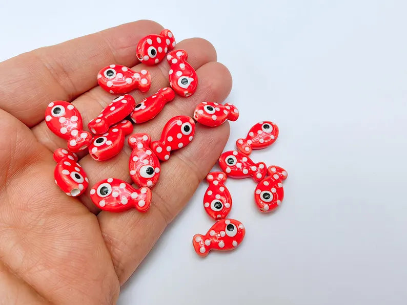 4 Porcelain Fish Beads, Red with White Dots, Ceramic Animal Beads, Flat Back, Cute Fish Charms, Jewelry Making Supplies 19x10mm G37052