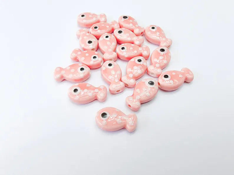 4 Porcelain Fish Beads, Pink with White Dots, Ceramic Animal Beads, Flat Back, Cute Fish Charms, Jewelry Making Supplies 19x10mm G37054