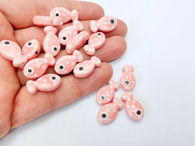 4 Porcelain Fish Beads, Pink with White Dots, Ceramic Animal Beads, Flat Back, Cute Fish Charms, Jewelry Making Supplies 19x10mm G37054