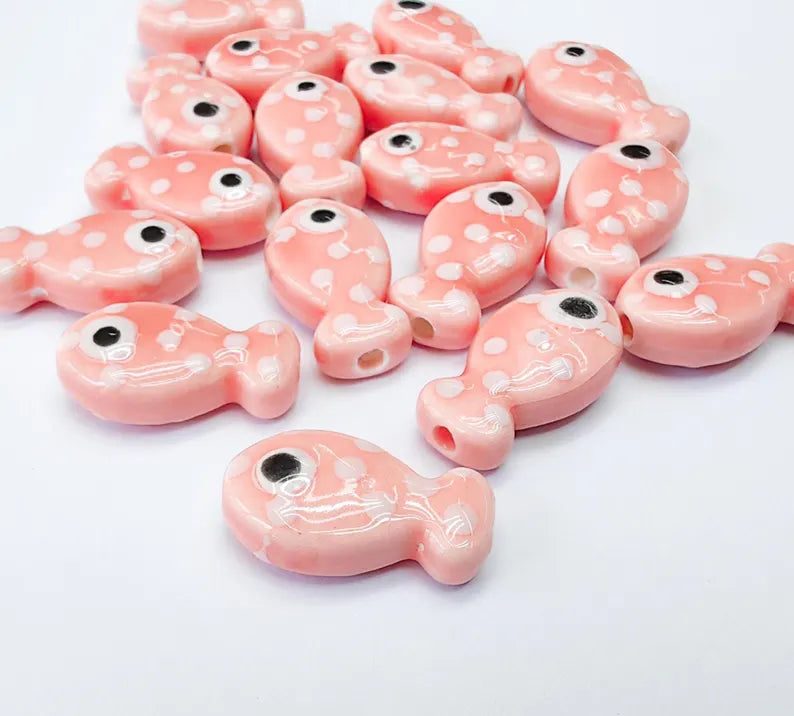 4 Porcelain Fish Beads, Pink with White Dots, Ceramic Animal Beads, Flat Back, Cute Fish Charms, Jewelry Making Supplies 19x10mm G37054