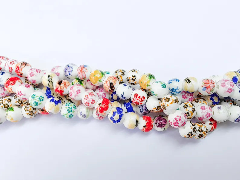 35 Floral Round Porcelain Ceramic Bead Strand, 35 Pcs Full Strand, White Beads with Colorful Flower Print, 10mm Glossy Jewelry Bead G37055