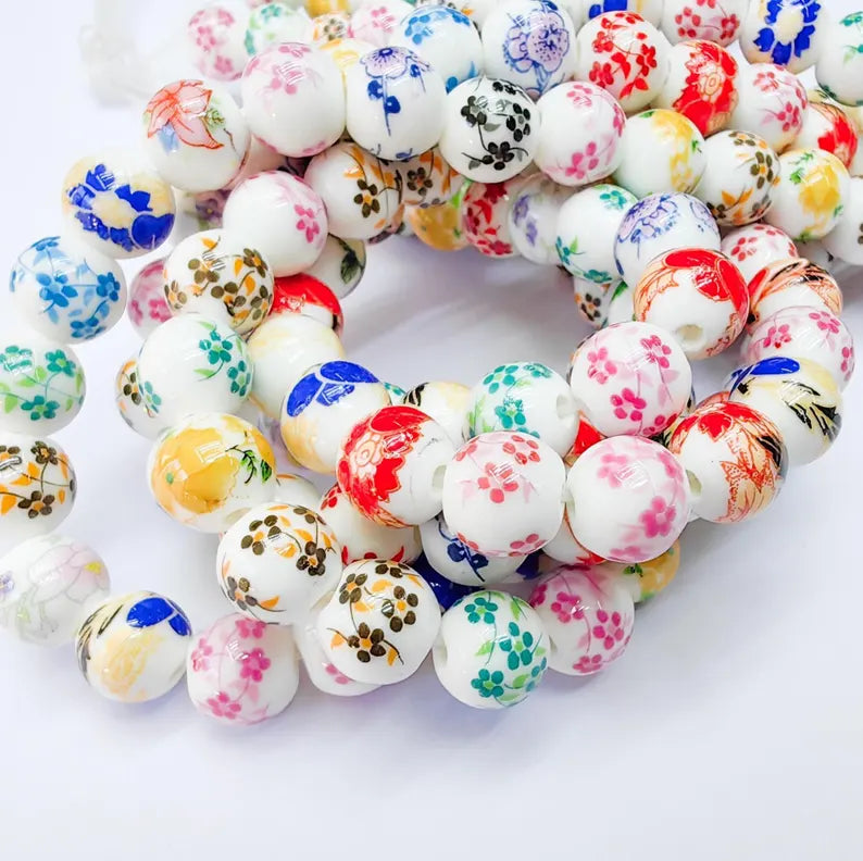 35 Floral Round Porcelain Ceramic Bead Strand, 35 Pcs Full Strand, White Beads with Colorful Flower Print, 10mm Glossy Jewelry Bead G37055