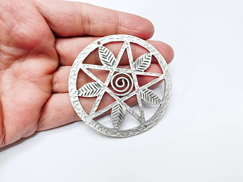 Pentagram Leaf Pendant, Spiral Center Charm, Boho Sacred Geometry Charm, Handmade Craft Supplies, Antique Silver Plated 68mm G37056