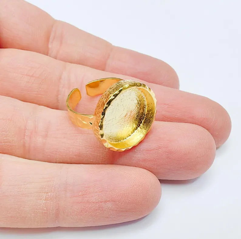 Round Ring Blank Settings, Cabochon Mounting, Adjustable Shiny Gold Plated Resin Ring Base Bezel, Inlay Mosaic Epoxy (16mm) G37058